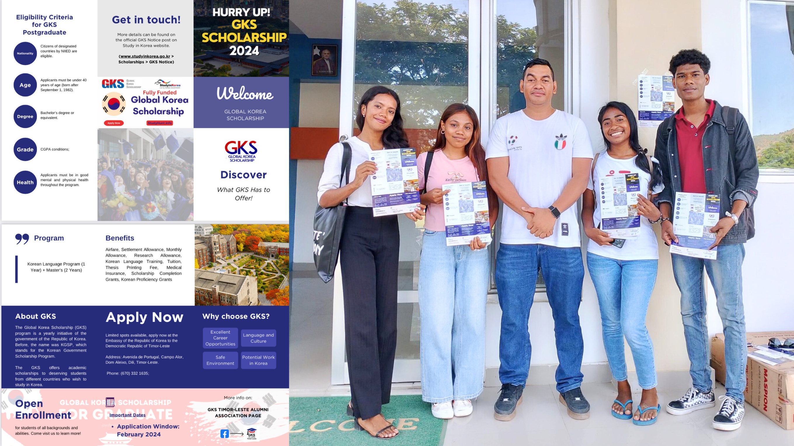 Marito Ferrira (center), president of the GKS-Timor Leste Alumni Association, poses for a photo at a university in Dili, Timor-Leste. (Association's official Facebook page)