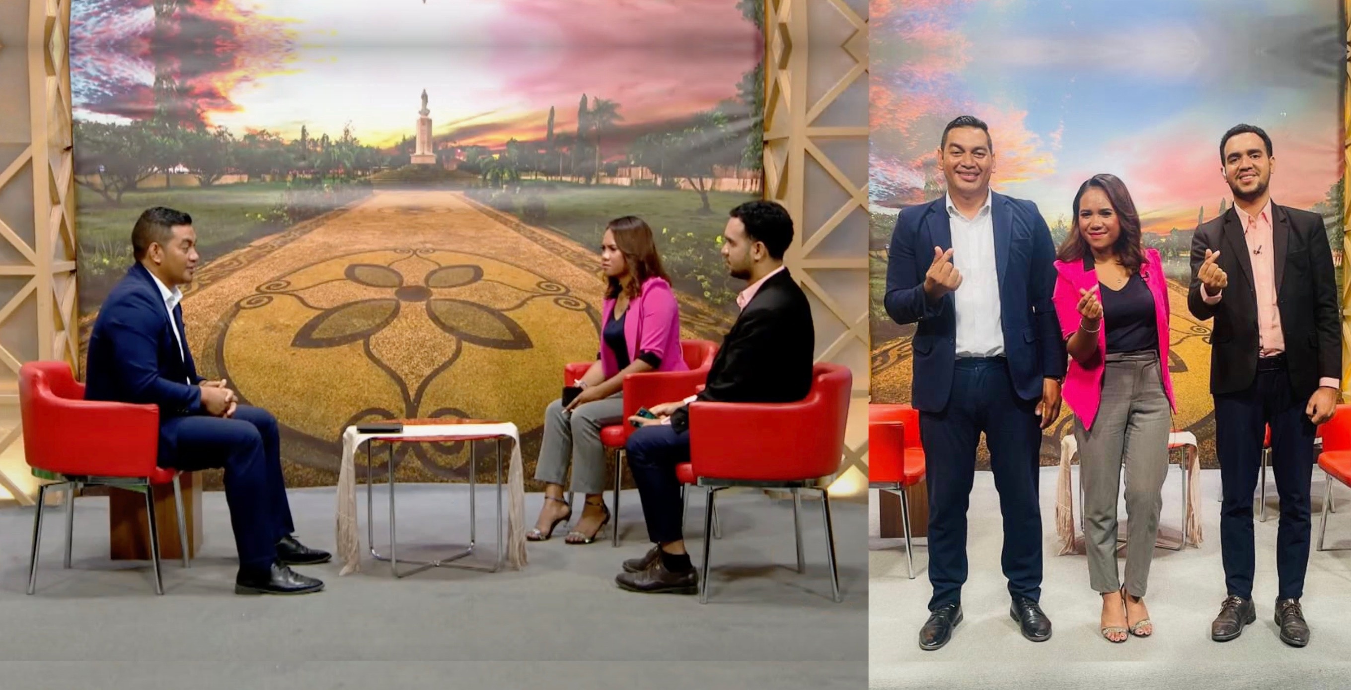 Marito Ferreira (right in both photos), president of the GKS-Timor Leste Alumni Association, shares information on this year's GKS on a morning talk show aired by a TV station in Timor-Leste. (Association's official Facebook page)