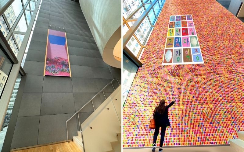 On the left is where the Hangeul Wall at the Korean Cultural Center in New York will be and on the right is what it will look like after.