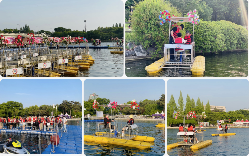 A line of eager riders stretches by the lake to pedal the colorful flower water bikes.