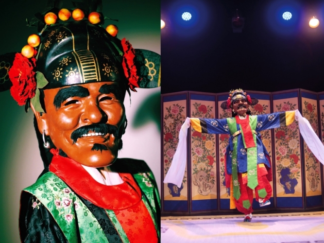A close-up view of the Cheoyongmu mask (left) and Byeon Sang-ah performs Cheoyongmu (right).