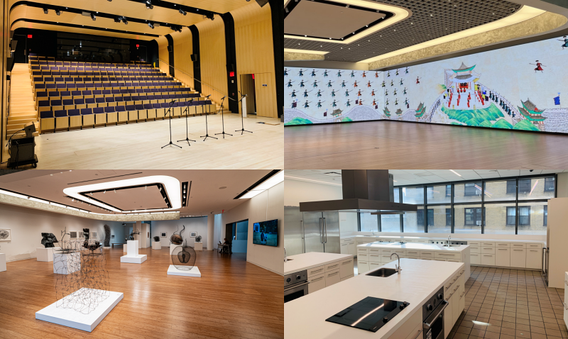 Clockwise from left are the New York Korea Center's auditorium, media wall, cooking classroom and exhibition space. 