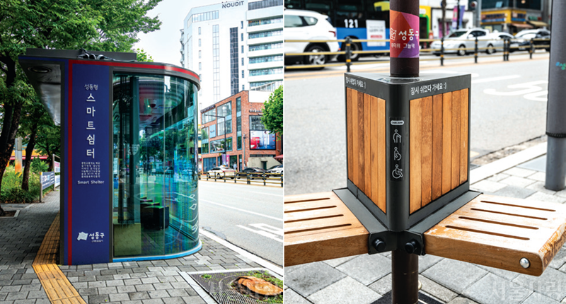 On the left is a smart heat shelter at a bus station and on the right are public chairs under a shade, both in Seoul. (Seoul Metropolitan Government) 