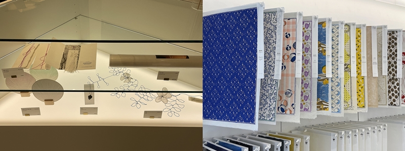 Products made of Hanji for sale are displayed on a wall and in front of Hanji House's first floor including Hanji posters with fancy illustrations and cute items such as postcards, bookmarks and fans. 