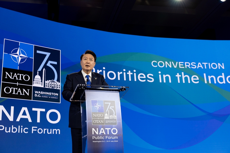 President Yoon Suk Yeol on July 14 sent a message of get well soon to former U.S. President Donald Trump, the Republican Party's candidate for the presidential election in November, after the latter survived an attempted assassination in Pennsylvania. Shown is President Yoon on July 11 speaking at the Indo-Pacific session of the NATO Public Forum at the hotel Marriott Marquis Washington in Washington. (Yonhap News) 