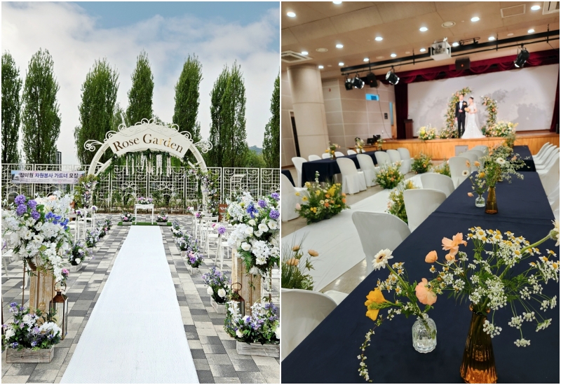 Wedding halls can be used for free at Gwangnaru Rose Park in Hangang River Park in Gangdong-gu District, Seoul (left) and Boramae Safety Experience Center in Dongjak-gu District. (Screen captured from 