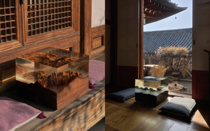 Resin with wood/walnut version of Korea's Seoraksan mountain (left), concrete/resin misty version of Seoraksan mountain (right).