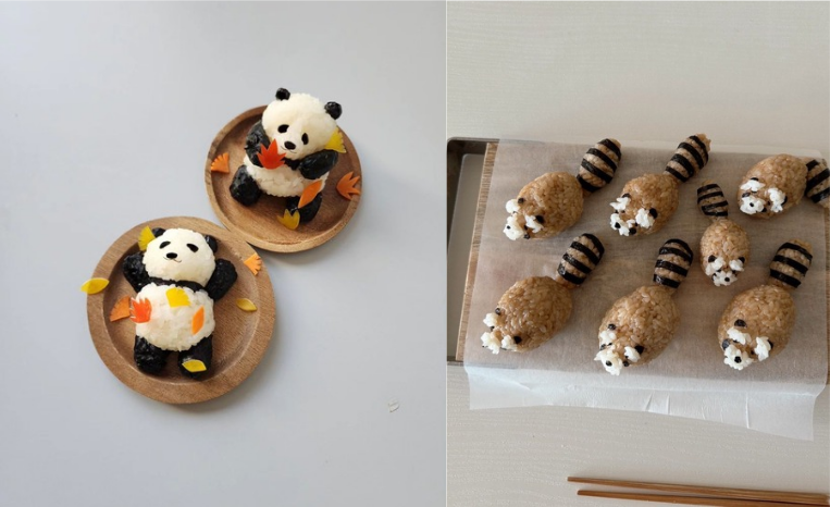 These are photos of food art created by Min Kyung-jin: the one on the right shows panda-rice balls, and the one on the left shows racoon rice balls.