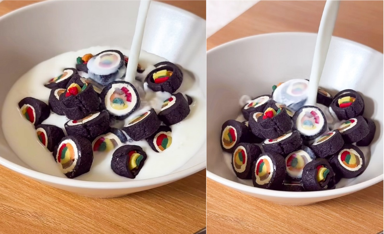 These are photos of cereals shaped to look like Korean kimbap.