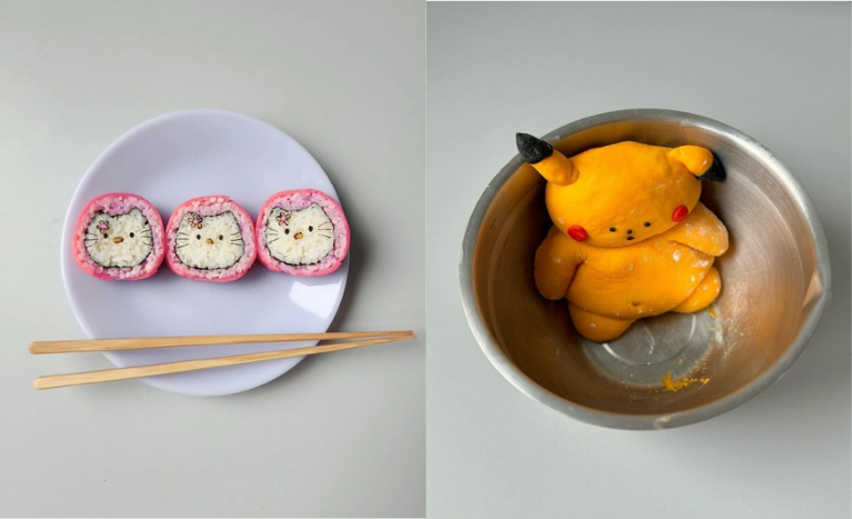 These are photos of food art creations by Min Kyung-jin, inspired by a cartoon and an animation character.
