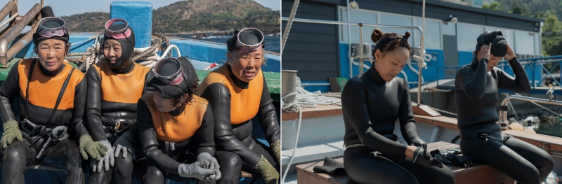 The elderly haenyeos on the boat (left). The younger haenyeos preparing for diving (right). Photo credits Apple TV+