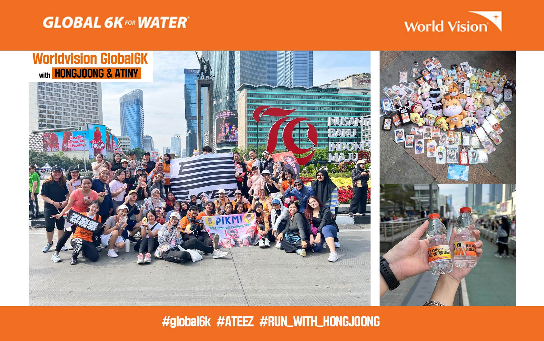 Indonesia ATINY take a picture together at Bundaran HI (left), ATINY's ATEEZ merchs (top right), free water from ATINY (bottom right). (photo by @jayurobge, @sankucingT___T, @1024street on X)