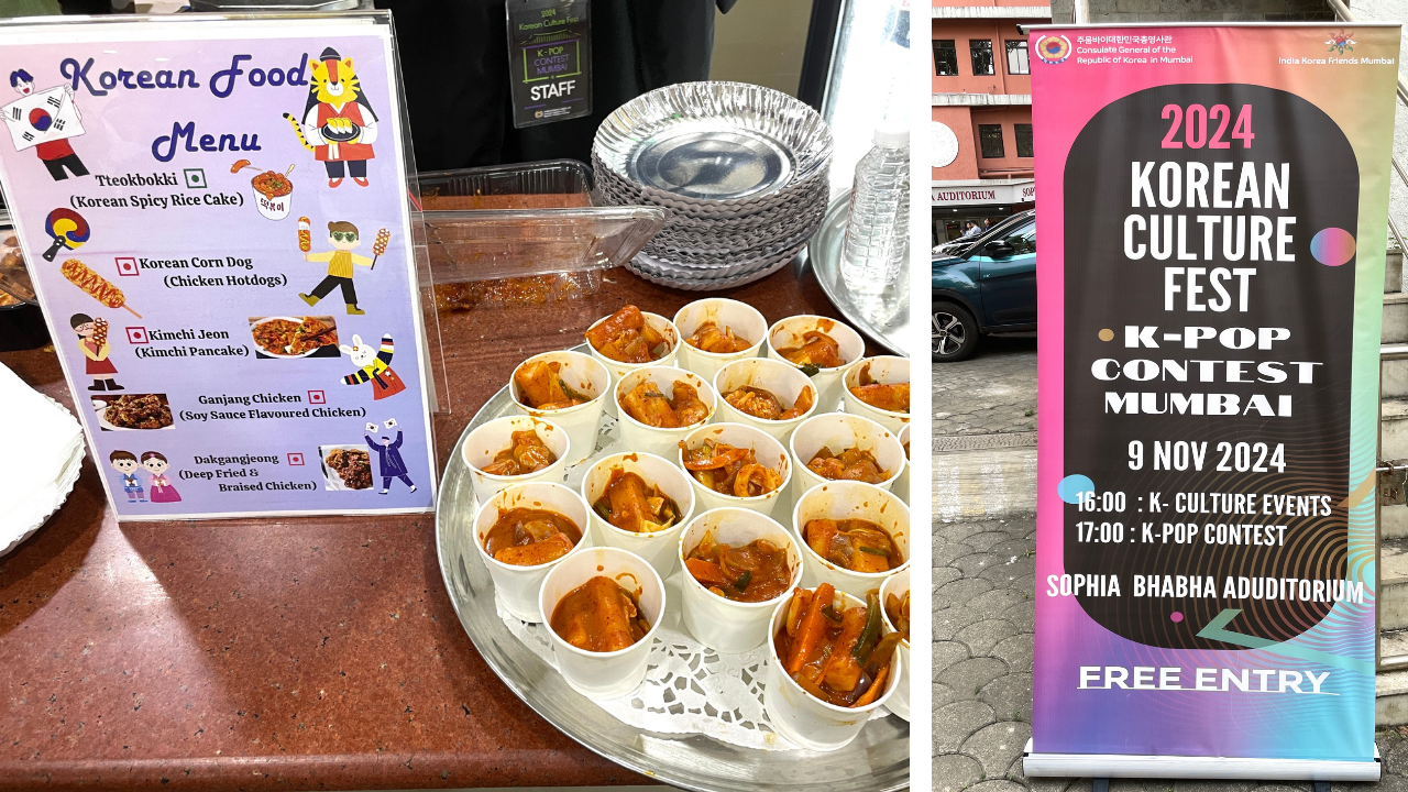(Left) Korean food on display. (Right) A poster of the contest outside the event venue.