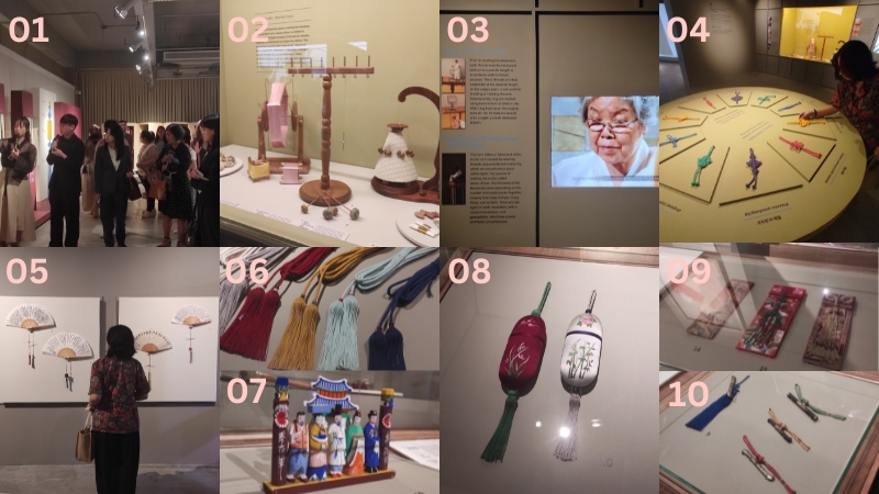 (01) event representatives and guests during the exhibit tour, (02) materials used in creating maedeup [kkeunmok or dahoe (pilated cords], (03) video of meadeup-making, (04) different meadeup designs, (05) fan ornaments with maedeup tassels, (06) sejodae [waistband], (07) wooden dolls, (08) angyeongjip [eyeglass pouches], (09) chopstick pouches, (10) jangdo [ornamental knife].