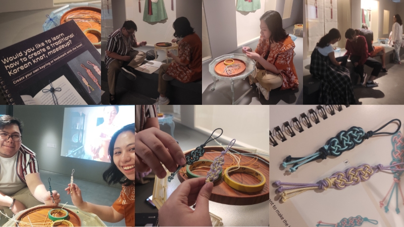 upper life clockwise: book guide for maedeup-making, my photo with co-attendee creating our DIY meadeup design, my photo during the process, other guests during the DIY meadeup workshop, finished product with co-participants, and our completed nabi-knot tassel.