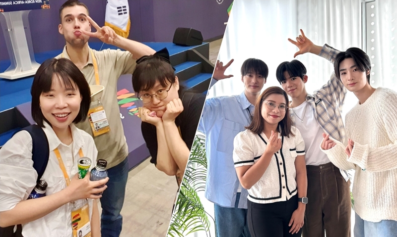 On the left is a group photo of Korea.net staff writers Xu Aiying (left), Charles Audouin and Lee Kyoung Mi after covering the inaugural Korea-Africa Summit that ran from June 4-5 in Goyang, Gyeonggi-do Province. On the right is staff writer Margareth Theresia with the deaf K-pop group Big Ocean after interviewing the boy band at Parastar Entertainment's office in Seoul's Gangnam-gu District. (Lee Kyoung Mi and Margareth Theresia) 