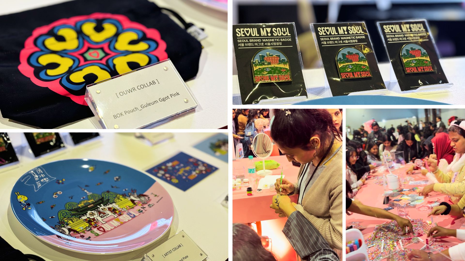 The Brand Zone showcases exclusive Seoul My Soul merchandise, including trendy caps, T-shirts, accessories, and toys. Guests adorn themselves with face paint and tattoo stickers.