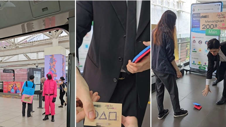 LEFT – a pink guard is welcoming all arriving subway train passengers at Blok M MRT station. CENTER – The Squid Game-inspired name card is given to the ddakji challenger. RIGHT – The Salesman is playing ddakji with the challenger. 
