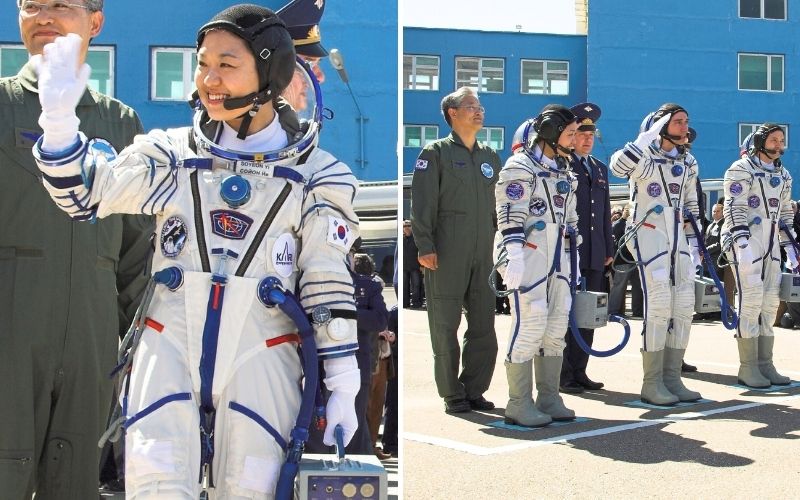 At the Baikonur Cosmodrome in Kazakhstan, Expedition 17 Commander Sergei Volkov (center), Flight Engineer Oleg Kononenko (right) and Soyeon Yi bid farewell to well wishers April 8, 2008 prior to heading to the launch pad for their liftoff on the Soyuz TMA-12 spacecraft to the International Space Station (photo by NASA /Victor Zelentsov, Public domain, via Wikimedia Commons)