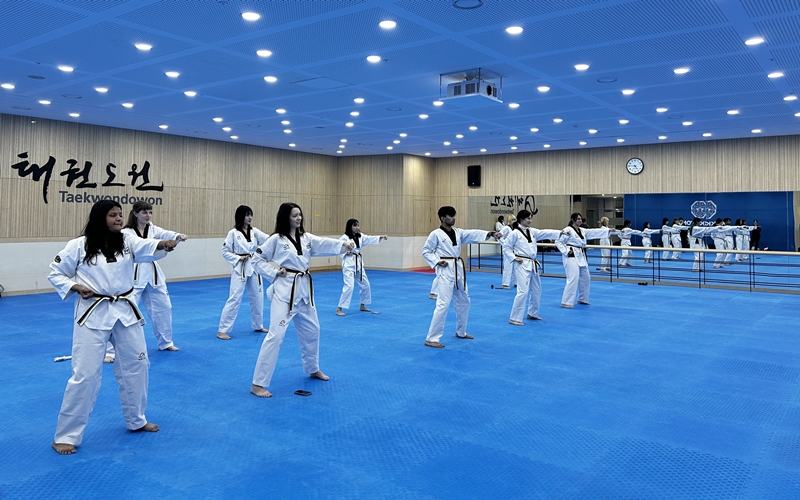 Nine foreign promoters of Korean culture on Jan. 7 learn basic taekwondo movements at Taekwondowon in Muju-gun County, Jeollabuk-do (Jeonbuk-do) Province. (Margareth Theresia) 