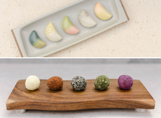 The top image features colorful baram-tteok, half-moon-shaped rice cakes, while the bottom showcases gyeongdan, rice cake balls.