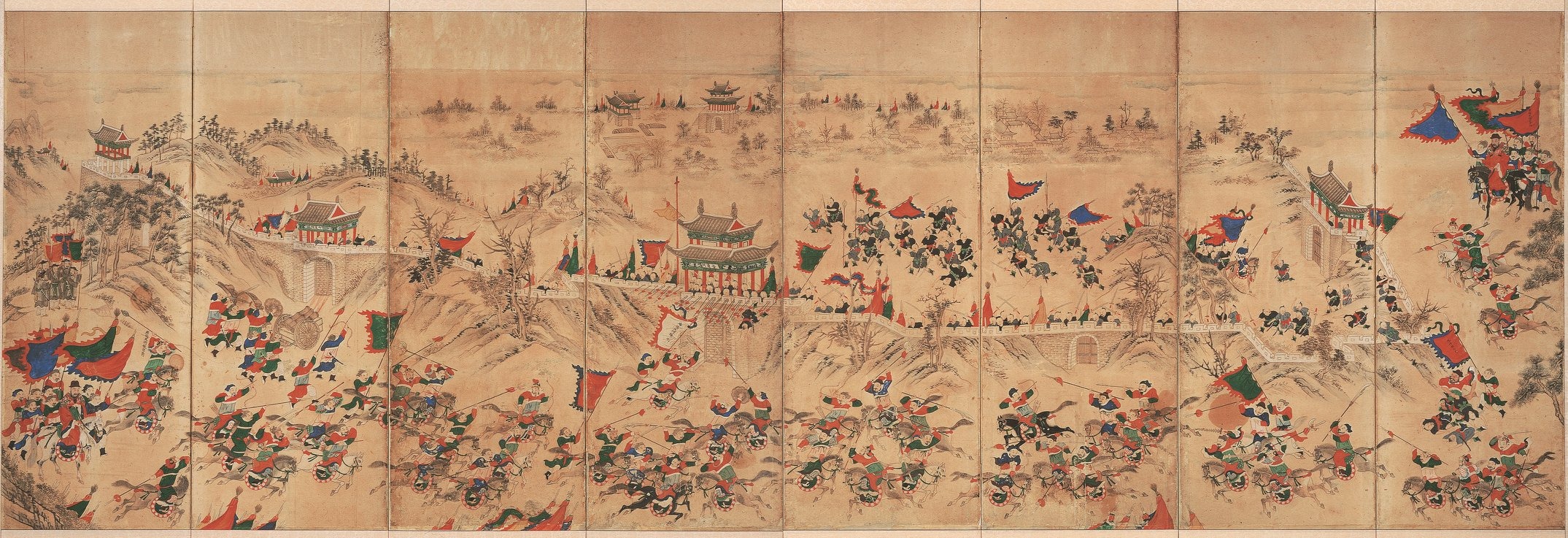 This work depicting the 1593 battle for Pyeongyangseong Fortress will be shown at an exhibition of art related to naval legend Admiral Yi Sun-sin. (National Museum of Korea) 