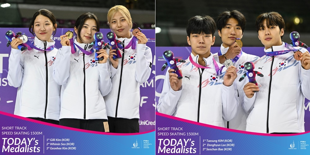 The Korean men's and women's national team achieved an all-podium finish on Jan. 22 in the short track 1,500 meters final at the Torino 2025 FISU World University Winter Games. From Left to right, Seo Hwi-min, Kim Gilli, Kim Gun-hee, Lee Donghyun, Kim Taesung, Bae Seochan. A screenshot from FISU SNS