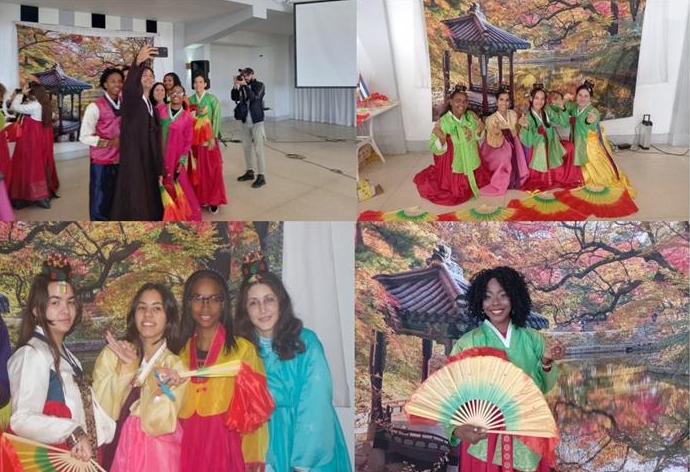 Students and guests wear hanbok for the first time during the Seollal festival.