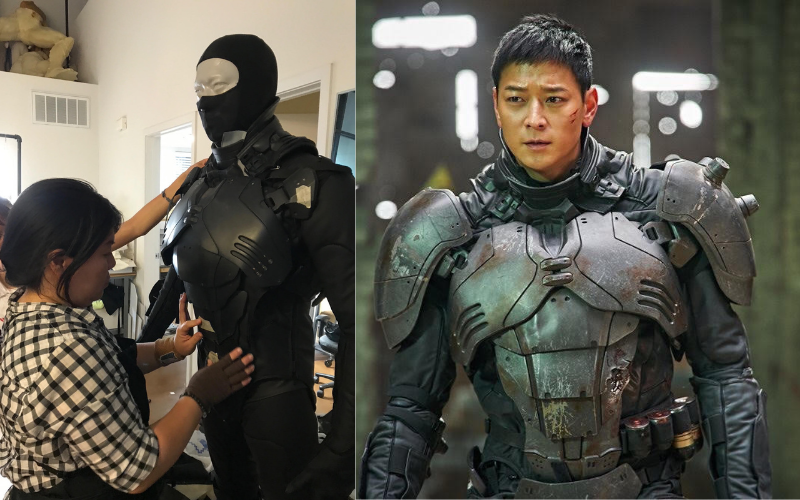 Vanessa Mi Kyung Lee and her team creating the armor suit for the movie ‘’Inrang'' (left). The finished suit on the Korean actor Gang Dong-won (right)
