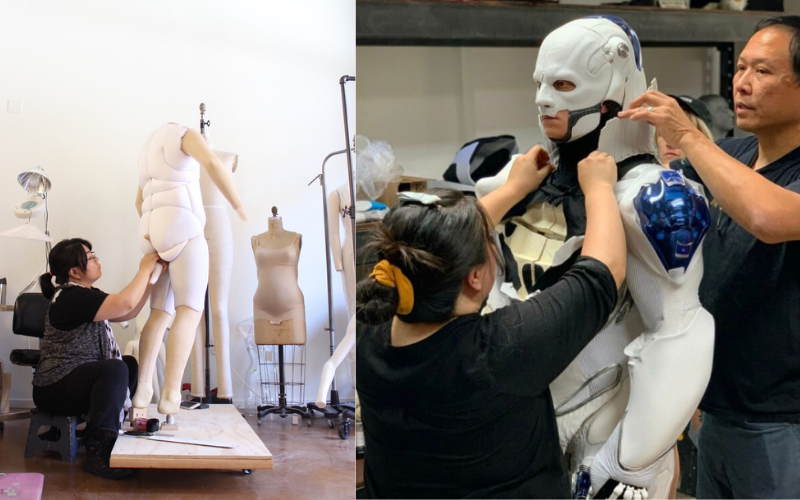 Vanessa during the process of creating a fat suit (left), and Vanessa with her team preparing the robot costume for the movie ‘’Bill & Ted Face the Music'' (right).