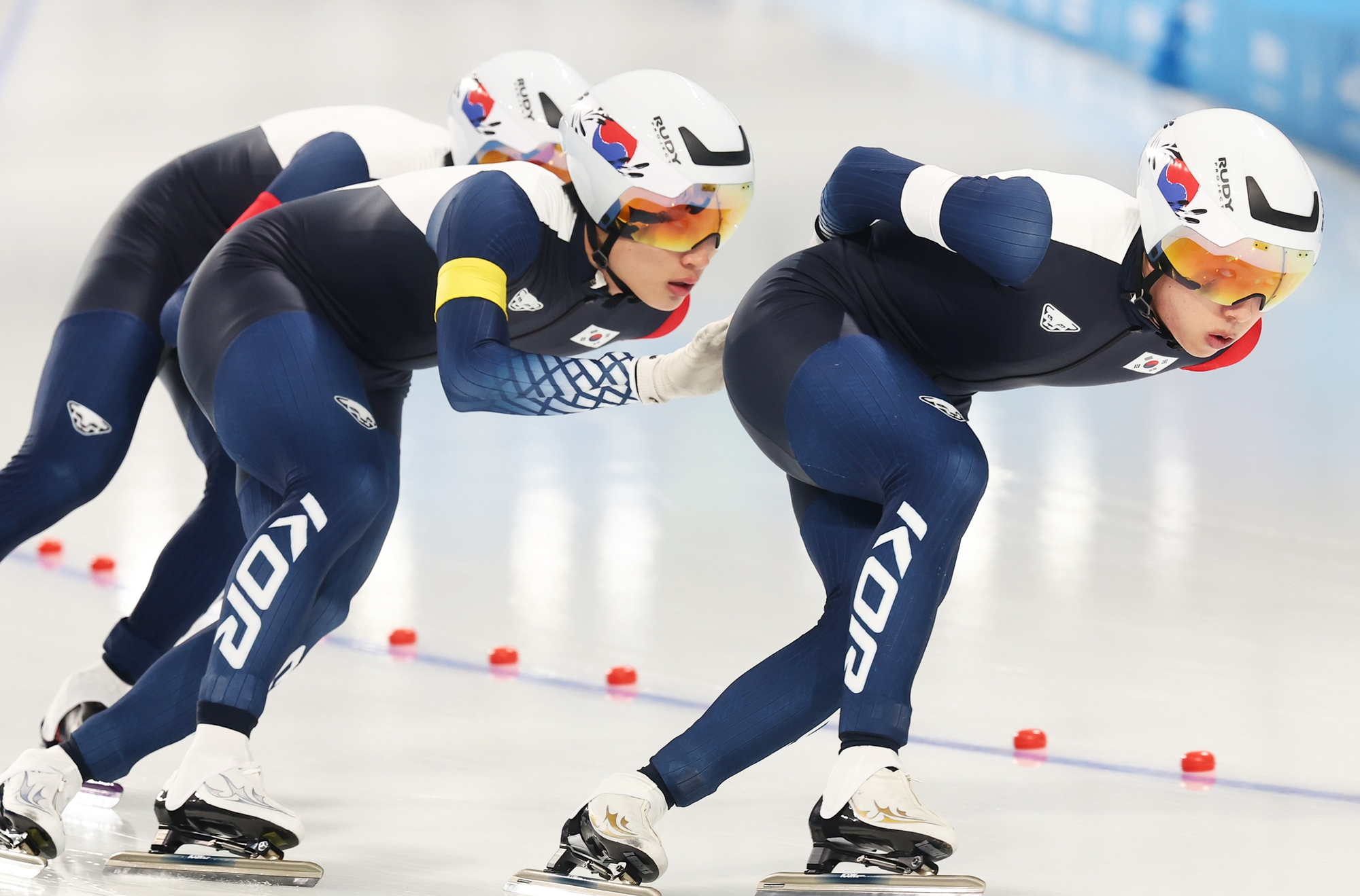The speedskating trio of Chung Jae Won, Park Sangeon and Lee Seung Hoon on Feb. 11 competes in the men's team sprint at the Speed Skating Oval of Heilongjiang Ice Training Center in Harbin, China.  