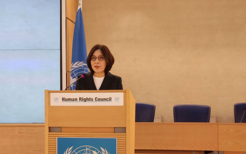 Vice Minister of Foreign Affairs Kang Insun on Feb. 25 gives a keynote speech at a session of the United Nations Human Rights Council in Geneva, Switzerland. (Ministry of Foreign Affairs)  