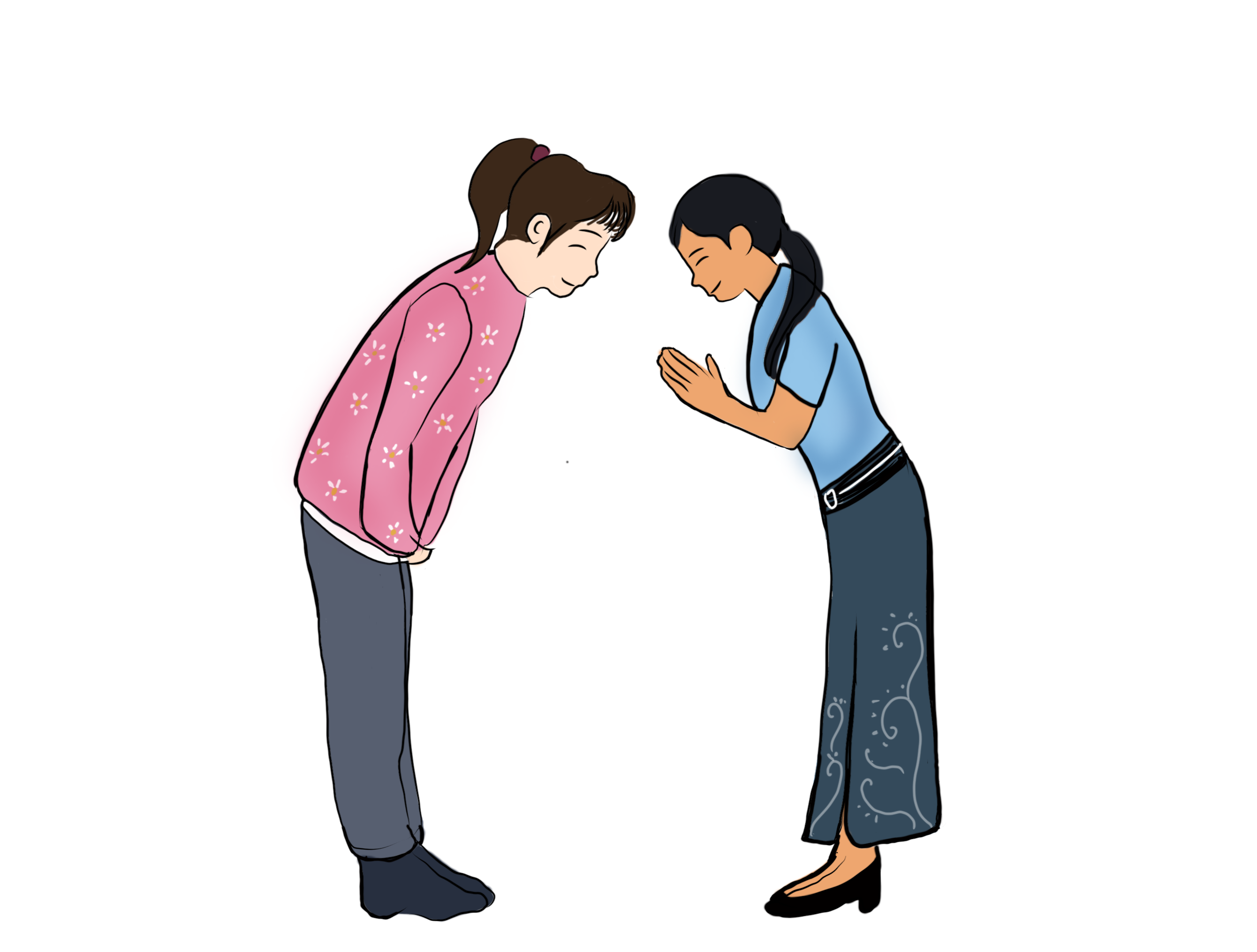 Drawing capturing the distinctive greeting styles of the cultures (Oshini Jayamuni)