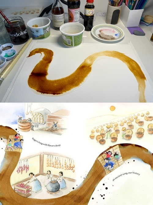 Laura’s experiment with soy sauce (soy sauce river) and the final result of the soy sauce river. 
