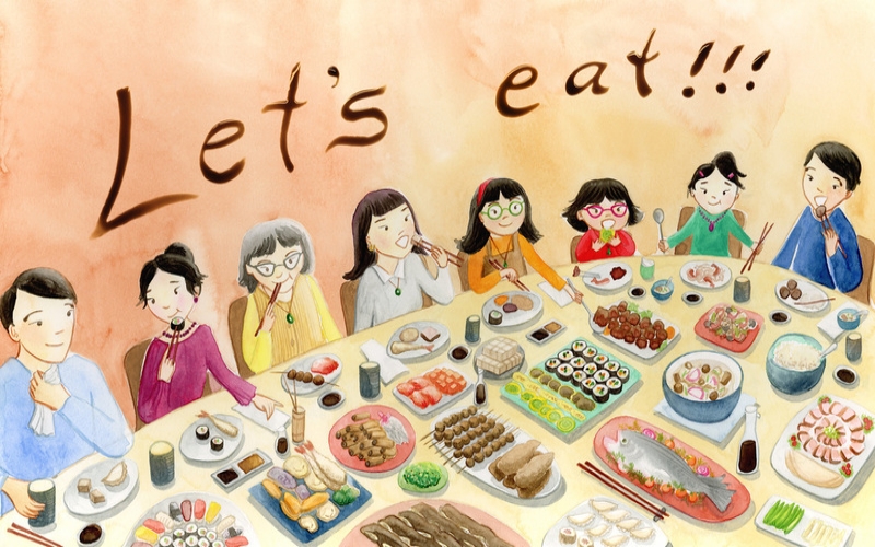 A scene from the book featuring a shared table filled with foods from Korea, Japan, and China.