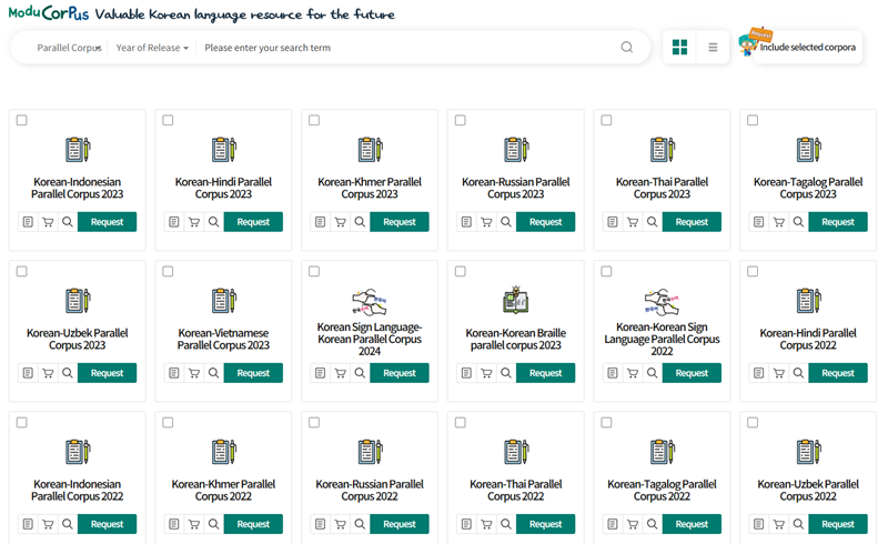 Launched in 2021, the Korean-foreign language parallel corpus is available on the official site of NIKL's Language Information and Resources. (Screen capture from website) 