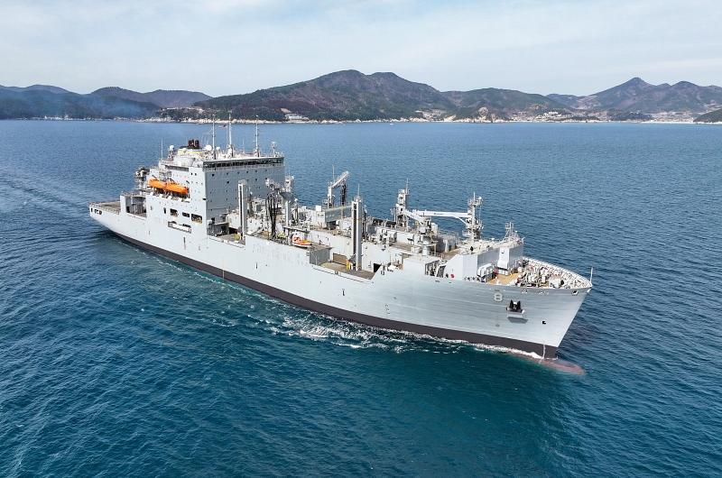The USNS Wally Schirra, an American naval cargo ship, on March 13 departs from Hanwha Ocean's plant in Geoje, Gyeongsangnam-do Province, after maintenance on it was completed.