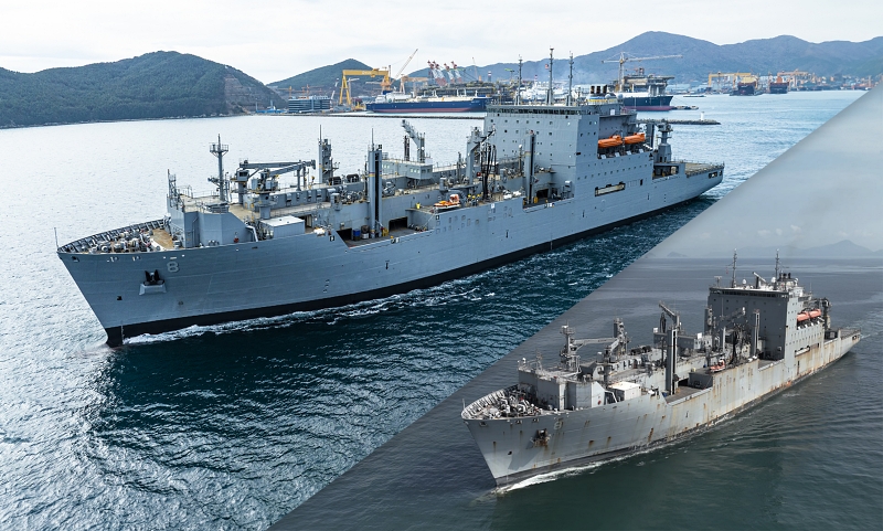 The photos show the USNS Wally Schirra after (top) and before (bottom) maintenance. 