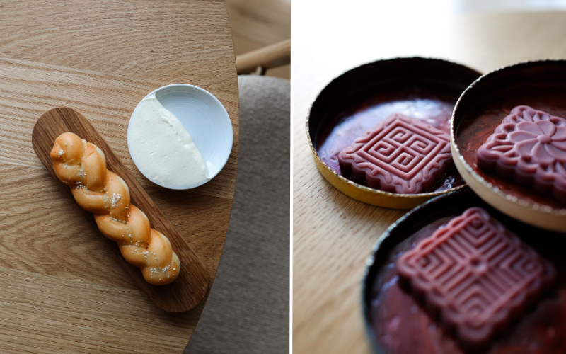 Two of the chef's creations are kkwabaegi (left), a twisted doughnut served with salted whipped double cream, and chewy cherry rice cakes with preserved raspberries.