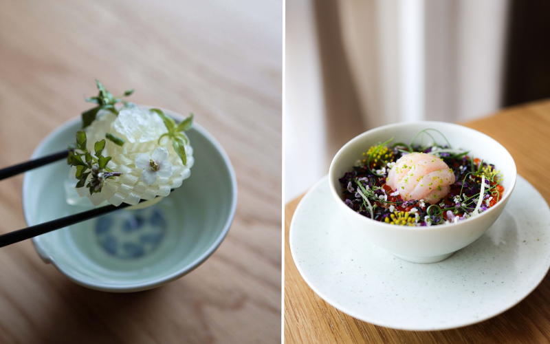 Baumann's white kimchi (left) has aromatic herbs and elderflower oil and seafood bibimbap, or spicy rice mixed with meat and vegetables, featuring gamasot (traditional cauldron pot) rice topped with kelp-cured squid.