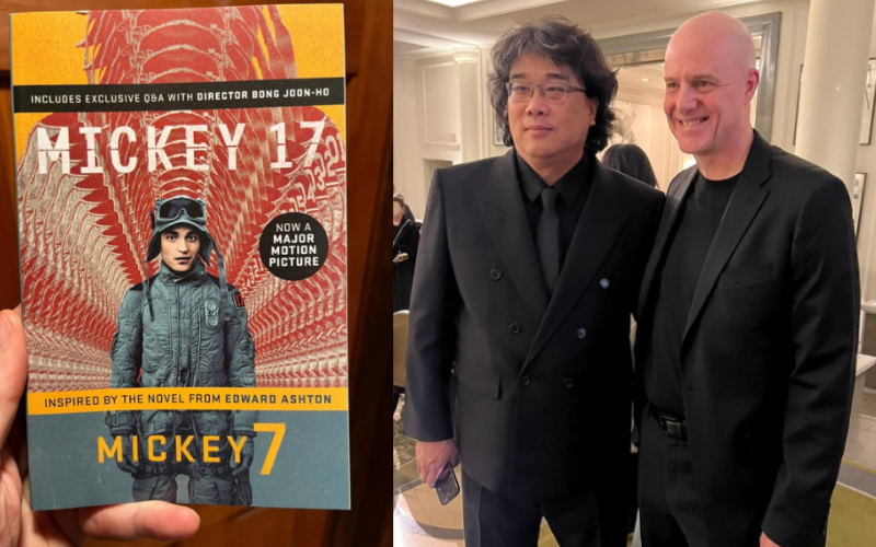 Recent cover page of Edward Ashton’s novel “Miceky7” (left) and a photograph of Bong Joon-ho with Edward Ashton (right) (Edward Ashton)