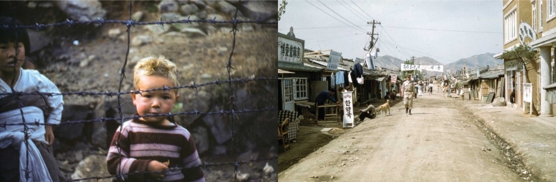 On the left is a mixed-race Korean child photographed in the 1950s and on the right is a street scene from Bupyeong, Incheon, captured between 1957 and 1961. 