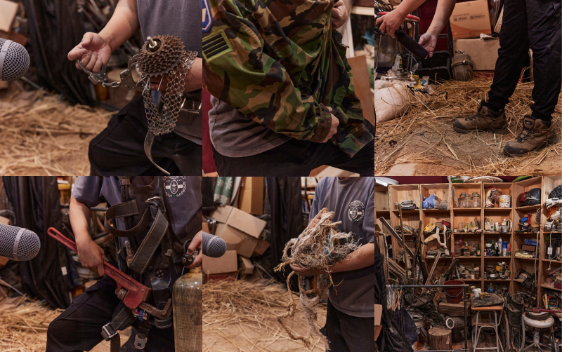 Lee Chung-gyu records sounds in his Foley booth, a space filled with various objects and surfaces, meticulously arranged to create realistic and immersive sound effects.