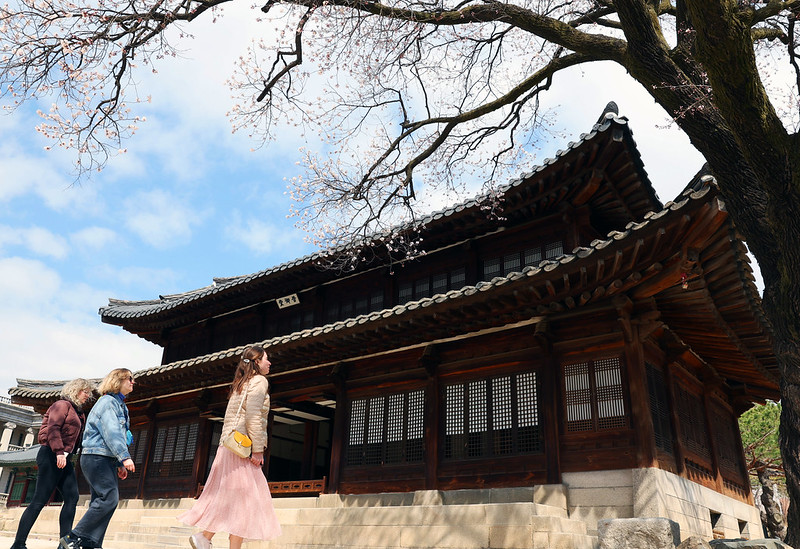 Foreign tourists on March 28 look around Seogeodang Hall at Deoksugung Palace in Seoul. (Lee Jung-woo)  