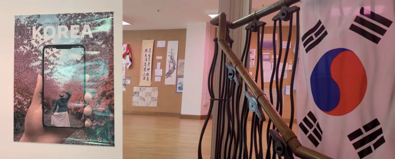 A poster showing Korea’s spring season filled with beotkkot (cherry blossoms) (left) and the entrance to the exhibition “Korea Comes to Croydon” (right) (George Barker)