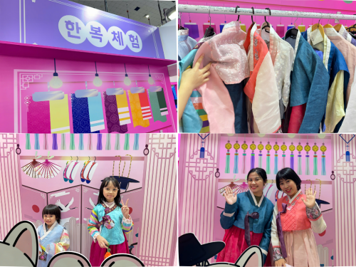 Visitors try on Hanbok and take photos at the Korean tourism space during the Vietnam International Travel Mart.  