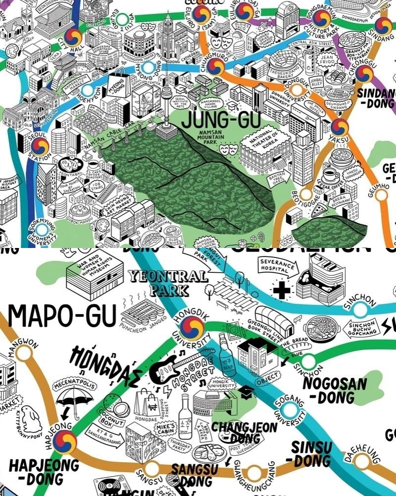 Detail views of the Seoul map showing the Namsan area (top) and Hongdae area (bottom) 