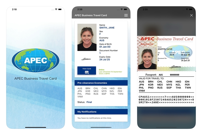 This is the mobile format of the APEC Business Travel Card. (Ministry of Justice)
