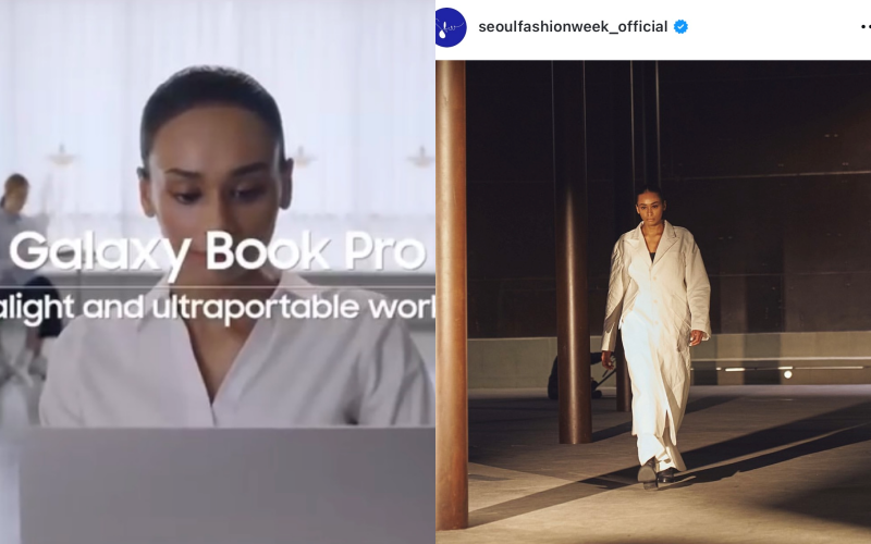 Aisha Ba has established her career as a professional model in Korea, working with brands like Samsung (left) and walking the runway at 2019 Seoul Fashion Week. 