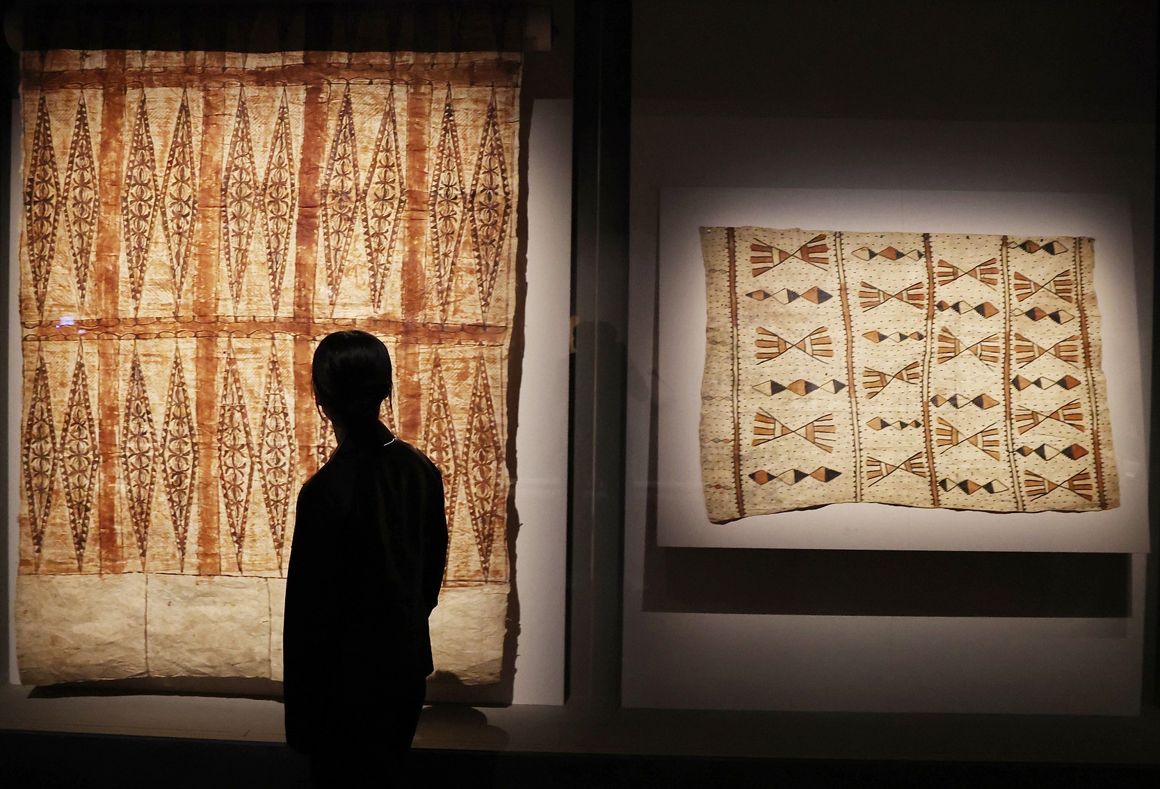 Tapa, or a cloth made of tree bark, is on display at the exhibition 
